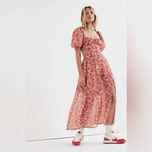 For Love and Lemons FL&L Felicia Chiffon Midi Dress in Red Floral Size Medium